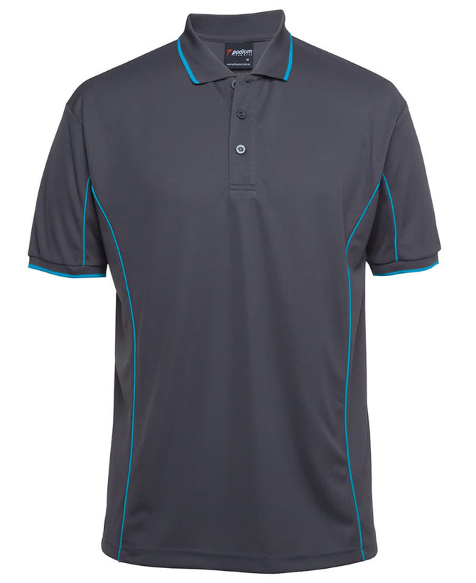A grey polo shirt with blue piping details and a logo on the collar.