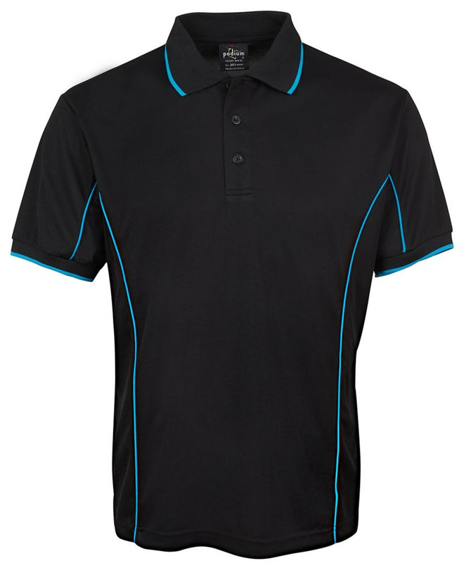 A black polo shirt with blue piping, featuring a collar and buttons, and includes a branding logo.