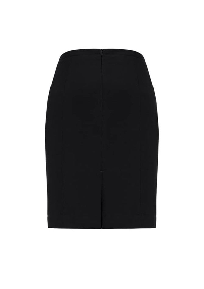 A straight skirt with front pleat detail, featuring a black colour and a back zip closure.
