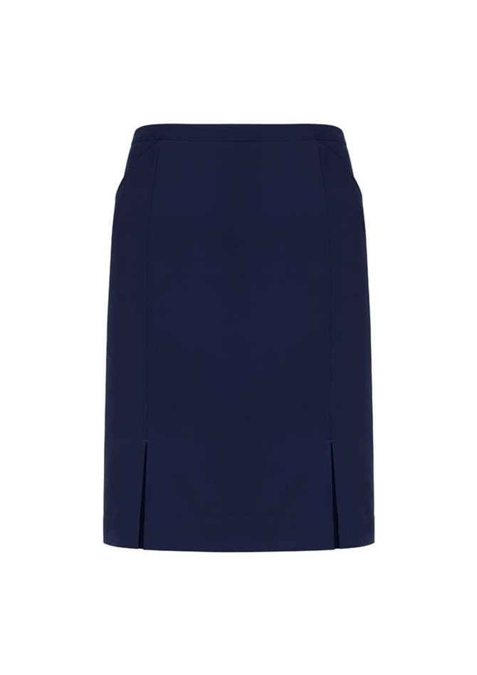 A navy straight skirt featuring front pleat details and a sleek design. Includes branding.