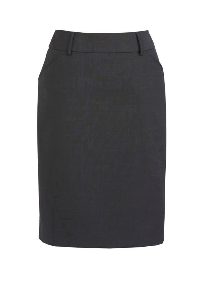 A grey women's comfort wool stretch multi-pleat skirt with a fitted design and side pockets, featuring a subtle brand logo.