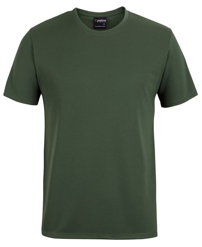 A green t-shirt with a round neckline, short sleeves, and a logo on the collar.