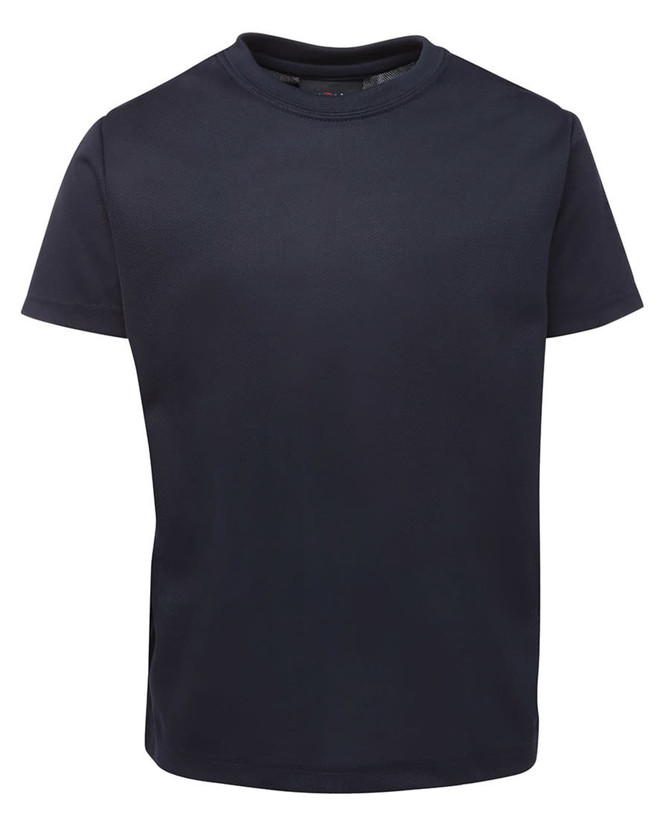 A navy blue t-shirt featuring a simple design and a logo on the label.