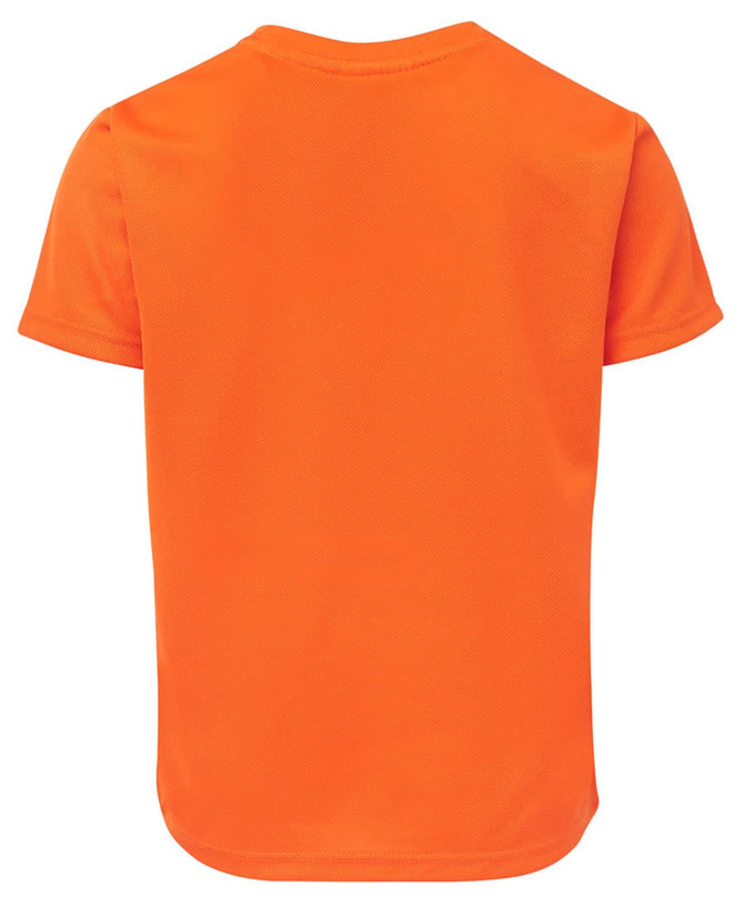 An orange T-shirt with a smooth texture and short sleeves. The back view shows a simple design.