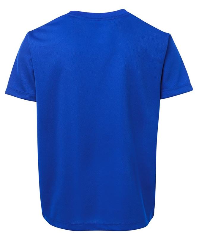A blue T-shirt featuring a simple cut and short sleeves, with a logo on the back.