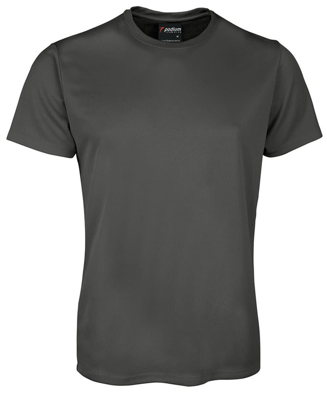 A dark grey t-shirt with short sleeves and a logo on the neckline.