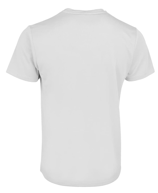 A plain white T-shirt with short sleeves, featuring a back view and a logo on the back.