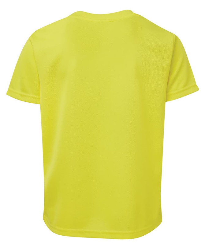 A bright yellow T-shirt with a crew neck and short sleeves, featuring a logo on the back.