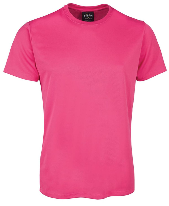 A pink T-shirt with short sleeves and a branded tag on the neckline.