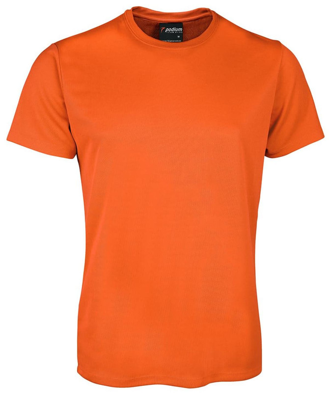 An orange T-shirt featuring a logo on the collar, made from a smooth, breathable fabric.