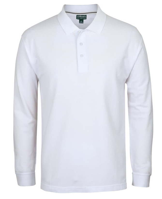 A long-sleeved white pique polo shirt featuring a collar and a logo.
