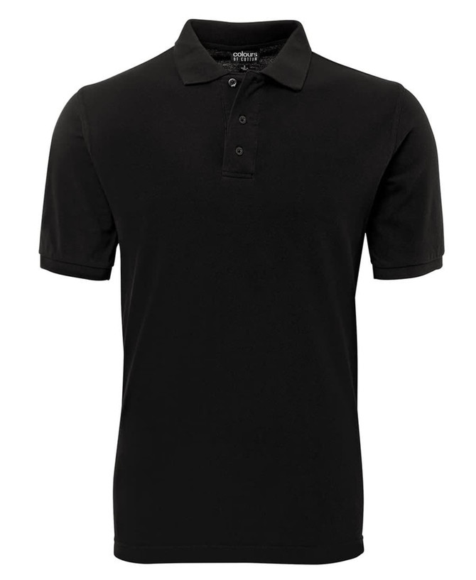 A black polo shirt featuring a three-button placket and short sleeves. It has a logo on the chest area.
