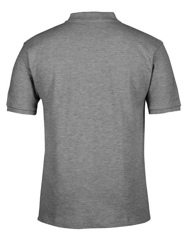 A grey polo shirt with a back view, featuring short sleeves and a collar. It has a logo branding.