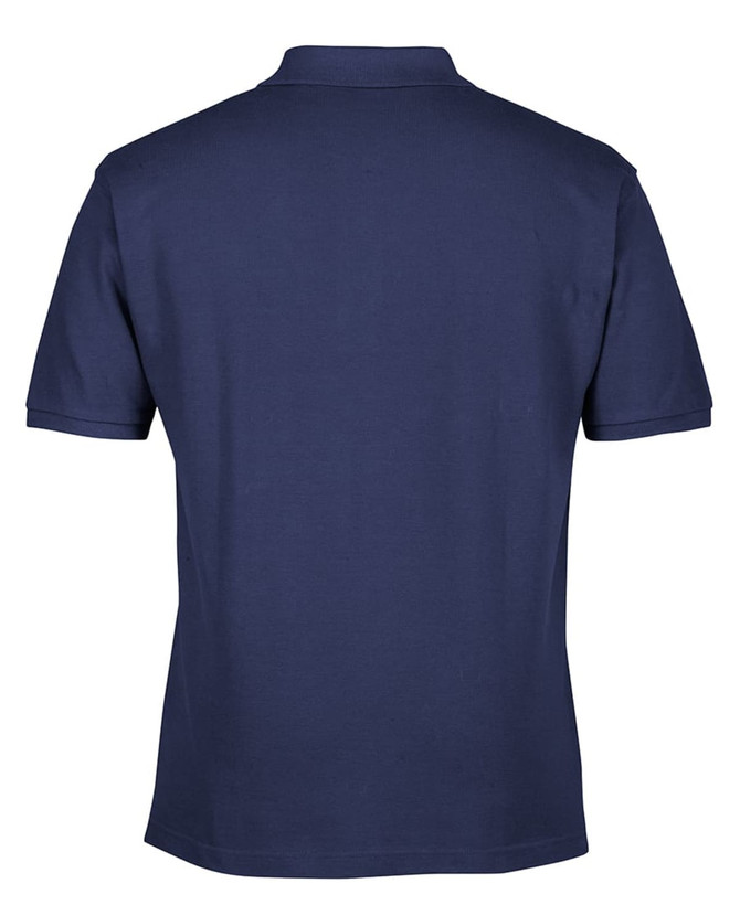 A navy blue polo shirt featuring a back view with a logo on the upper back.