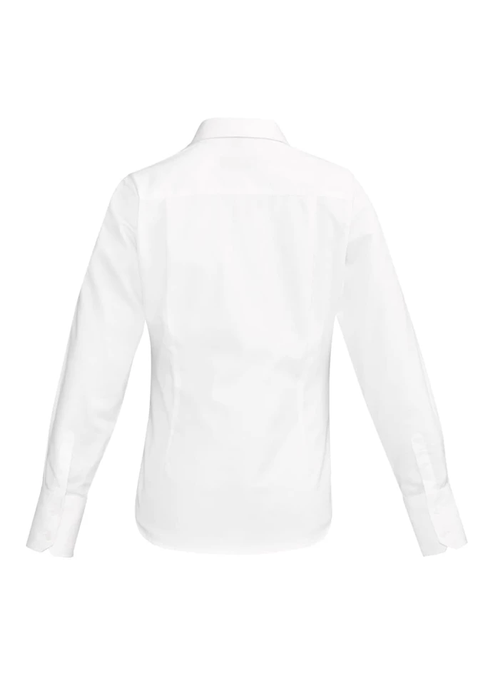 A white long sleeve button-up shirt with a clean back design and a collar, featuring a logo.