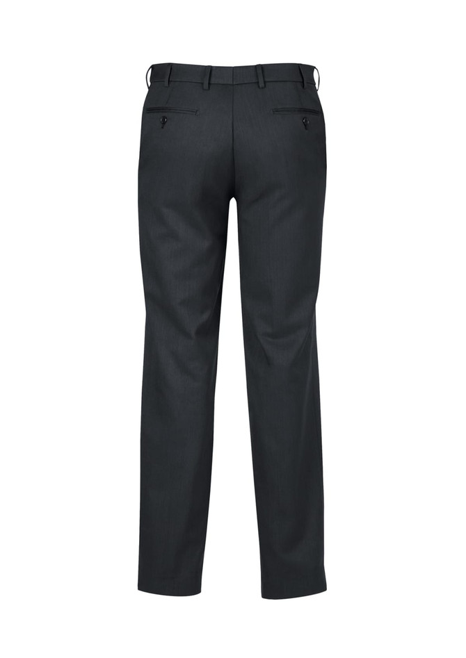 Mens cool stretch adjustable waist pants in dark grey, featuring a classic straight fit and back pockets, with branding.