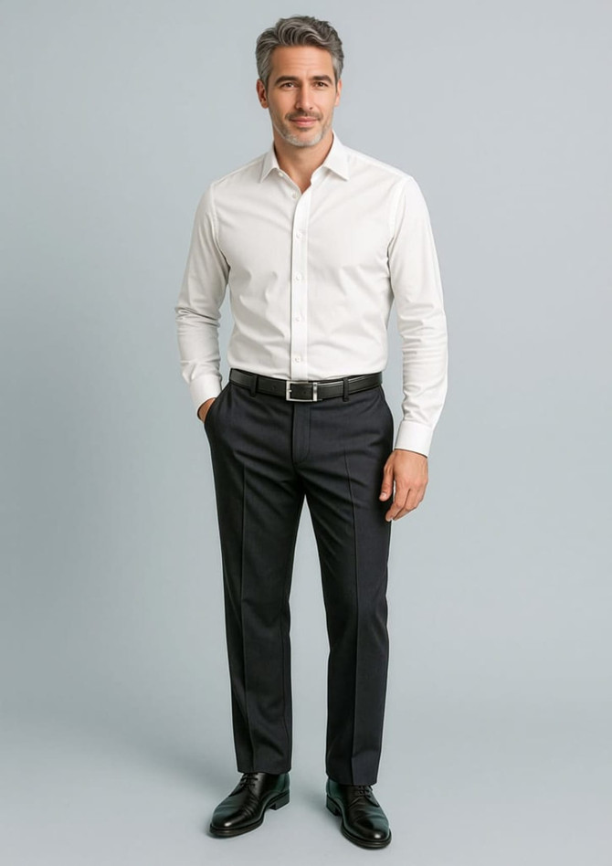 Men's black stretch adjustable waist pants, paired with a white shirt and shoes, featuring a logo.