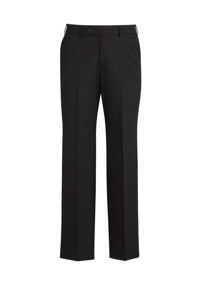 A pair of black men's flat front slacks made from comfort wool with a subtle stretch. Features a logo on the label.