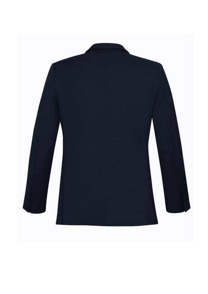 A navy blue men's slimline jacket featuring a single back vent and tailored fit. It has a logo on it.
