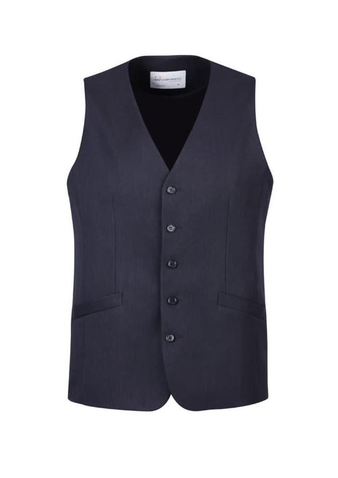 A navy longline vest with a five-button front, two side pockets, and a branded label inside.