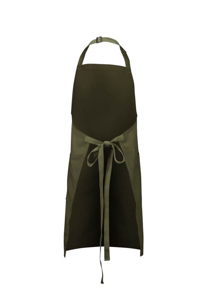An olive green apron featuring a tie waist and pockets, with a logo on the front.