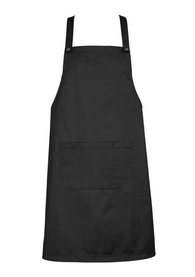 A black Urban Bib Apron featuring a front pocket and adjustable straps. It has a logo on the fabric.