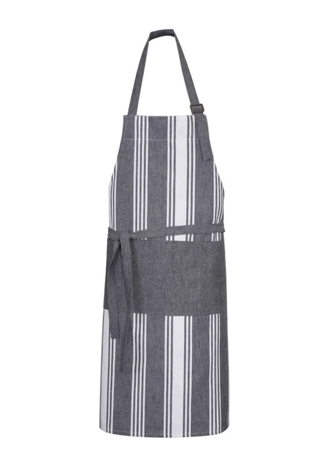 A striped grey and white apron with a tie waistband and adjustable neck strap, featuring a logo.