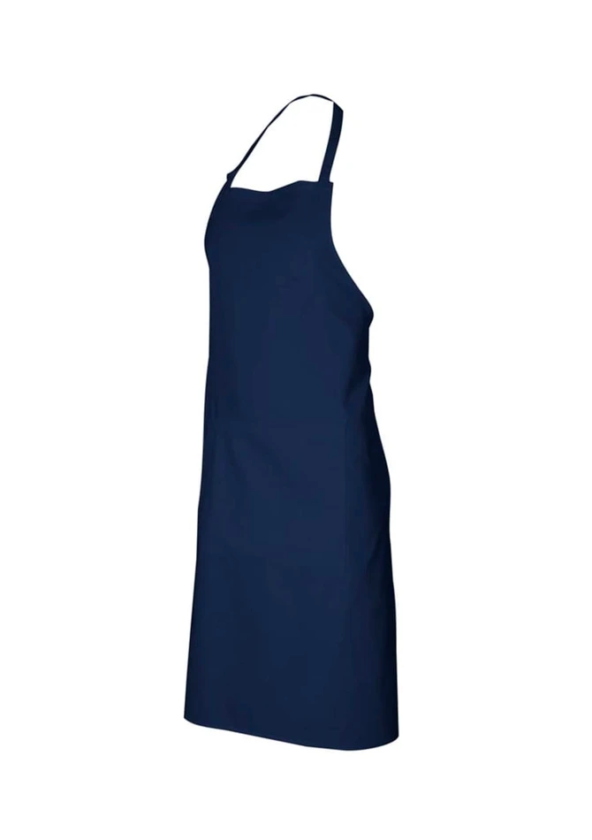 A navy blue bib apron with adjustable straps and a simple design, featuring a logo.
