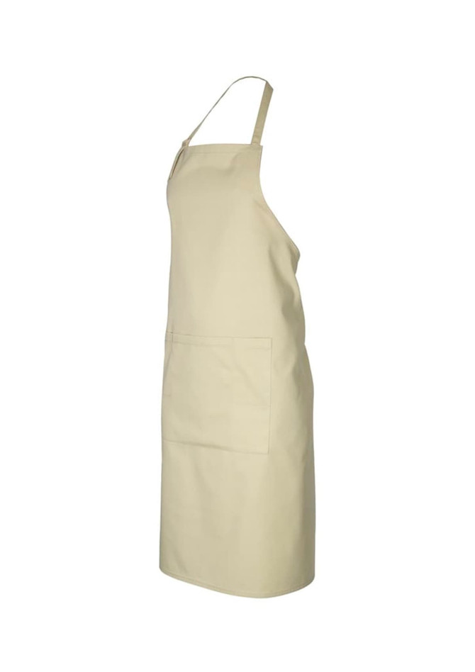 A light beige bib apron with a pocket, featuring a simple design and an adjustable neck strap.