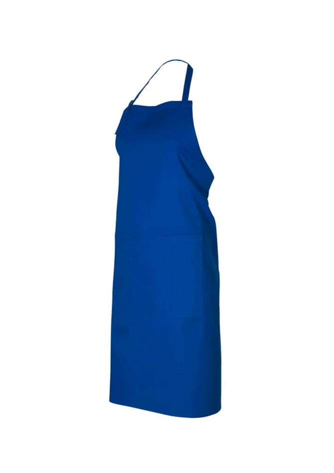 A blue bib apron featuring an upper pocket and adjustable neck strap. It has a simple design and a plain finish.