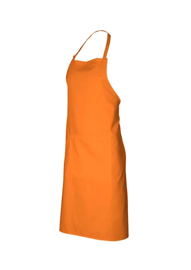 An orange bib apron featuring a side pocket and shoulder straps, designed for workwear use.