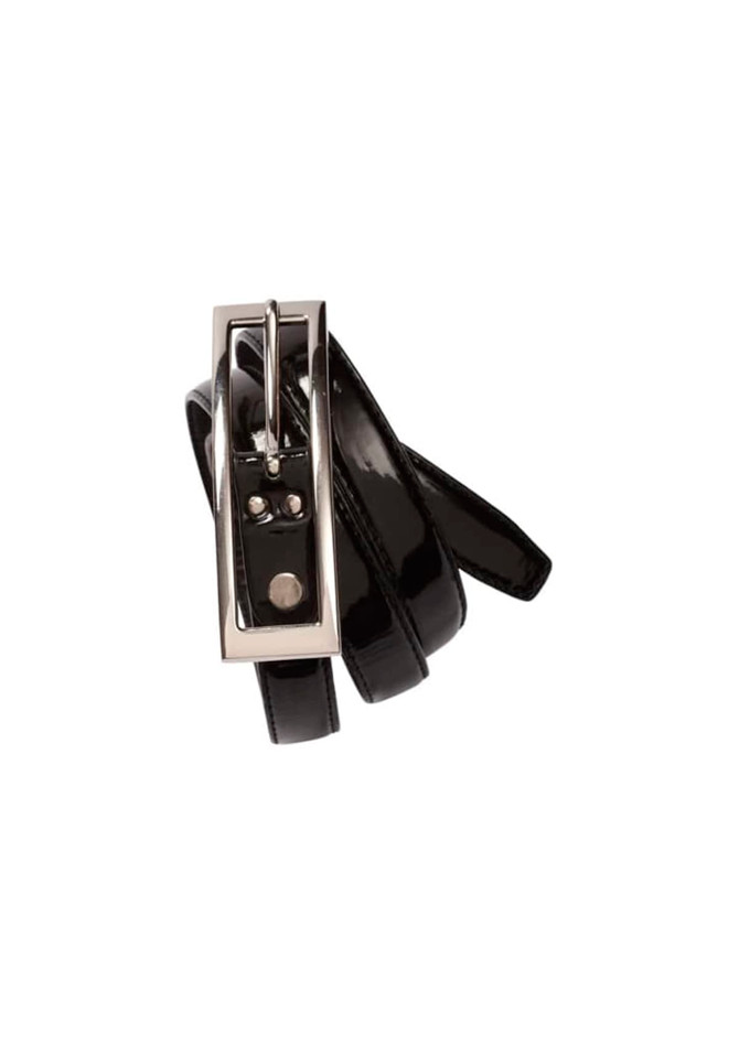 A black semi-patent belt with a silver buckle, featuring a sleek design and shiny finish.