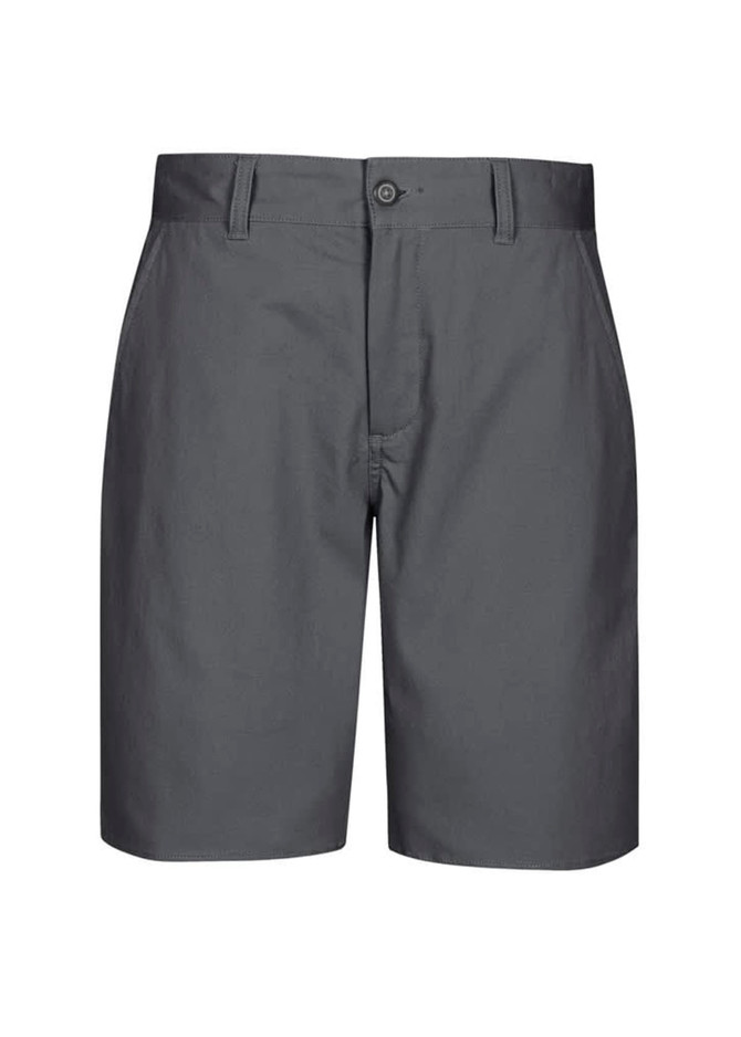 Men's dress shorts in a sleek dark grey colour, featuring a button closure and pockets. Includes a logo.