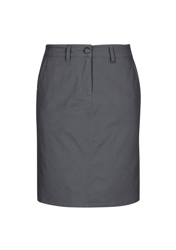 A women's skirt in a dark grey colour, featuring a button closure and a straight cut design.