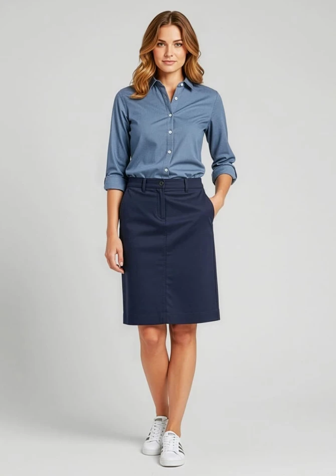 A woman in a blue shirt and navy Lawson skirt, standing confidently with one hand on her hip.