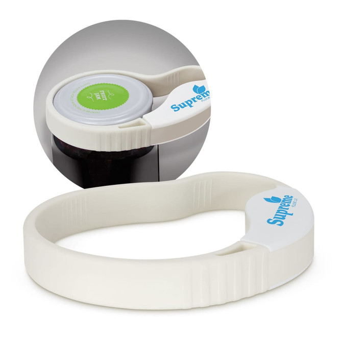 A white jar and bottle opener with a circular grip and a branding logo on the handle.
