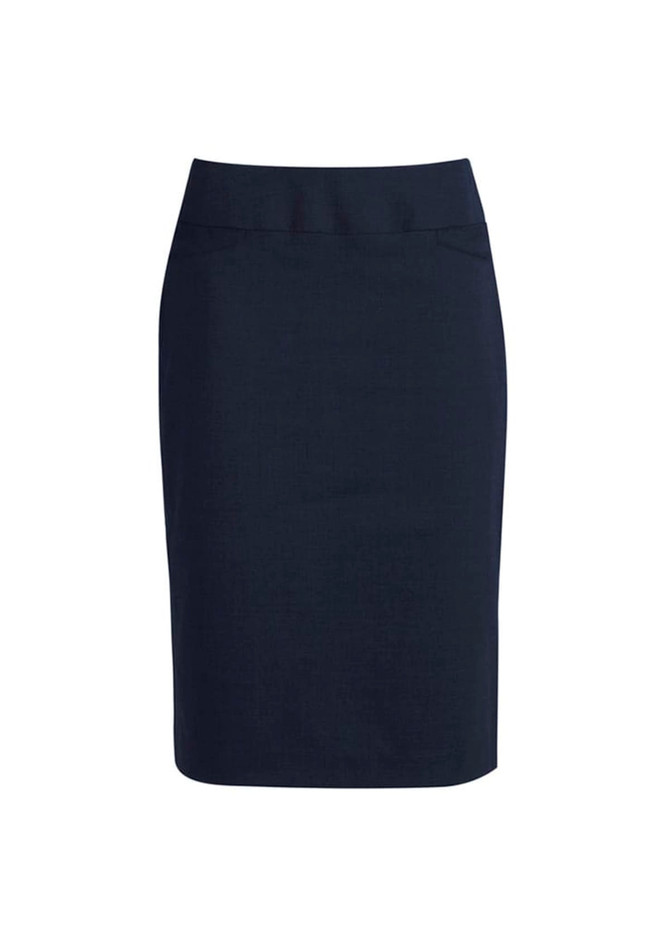 A navy knee-length skirt with a fitted design and two front pockets. It features a logo on the waistband.