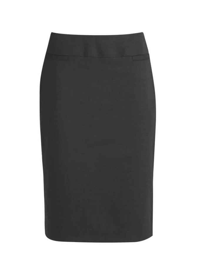 A women's classic below knee skirt in black, featuring a fitted silhouette and a simple design.