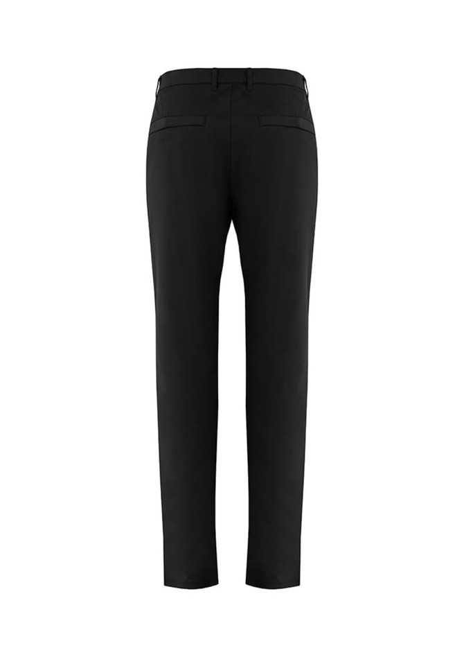 A pair of black men's slacks with a straight leg design and a logo on the waistband.
