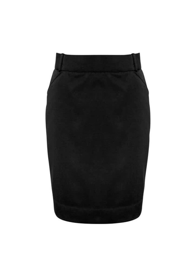 A black women's skirt with a tailored design, featuring pockets and a waistband. Contains a logo.