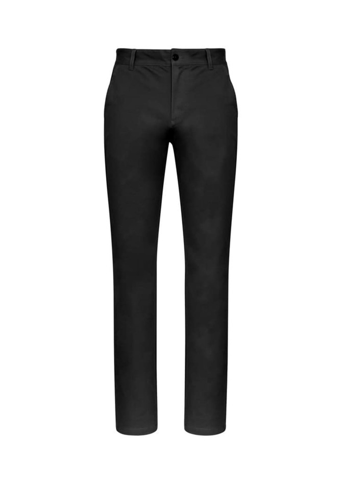 A pair of black chino pants with a straight leg design and a button closure. Features a logo.