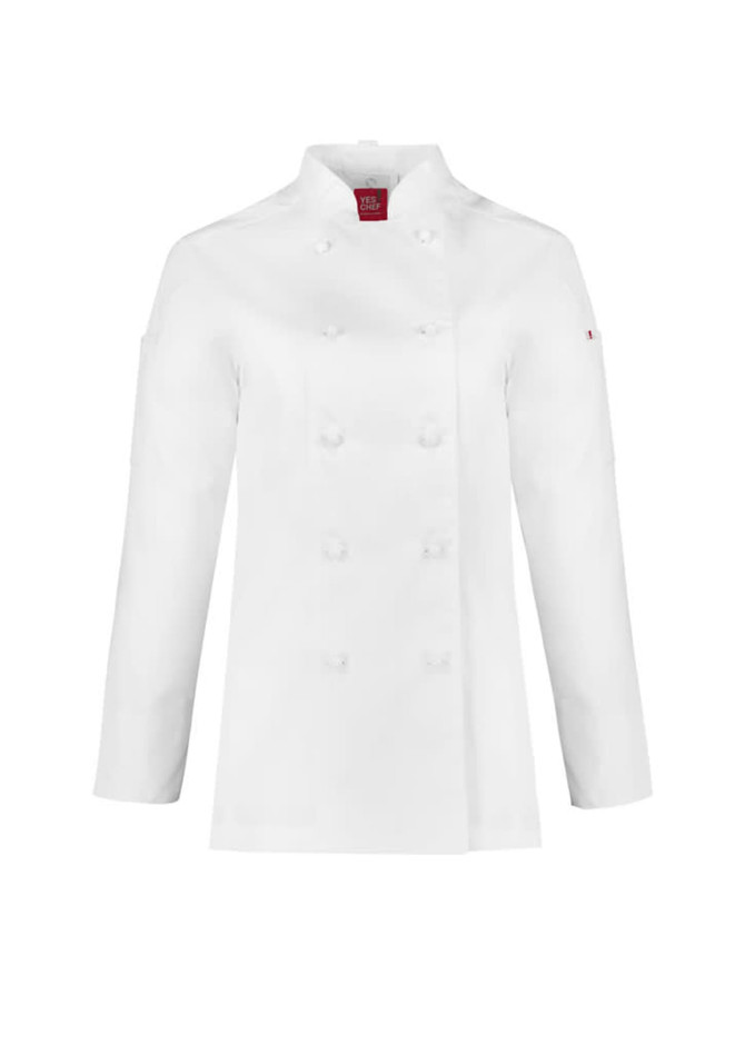 A white long sleeve chef jacket featuring a classic double-breasted design and an embroidered logo on the sleeve.