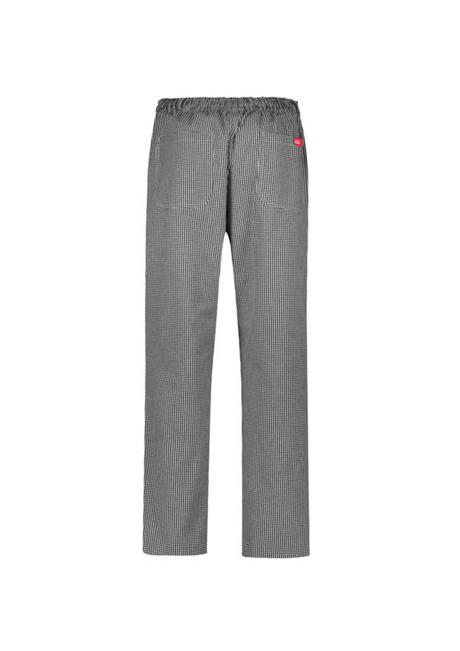 A pair of men's track pants featuring a striped design, elastic waistband, and a logo on the back.