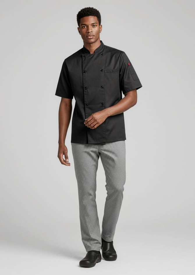 A model wearing a black short-sleeve chef jacket and grey pants, walking in a neutral background. The outfit features a logo.