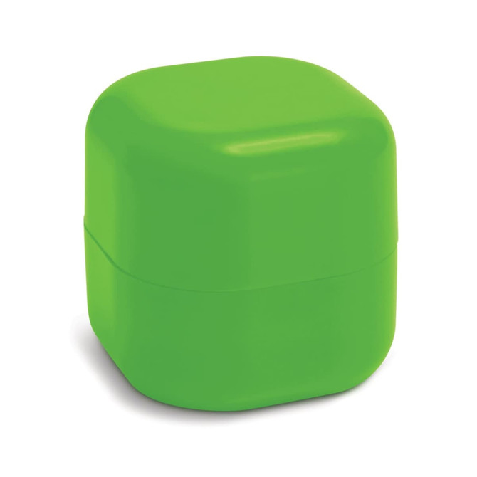 A green, square-shaped lip balm container with a glossy finish and a simple design. It features a logo.