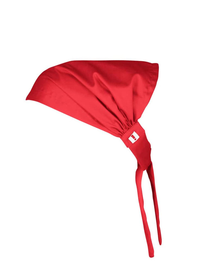 A red Twist Chef Bandana with a tying feature and a branding label.