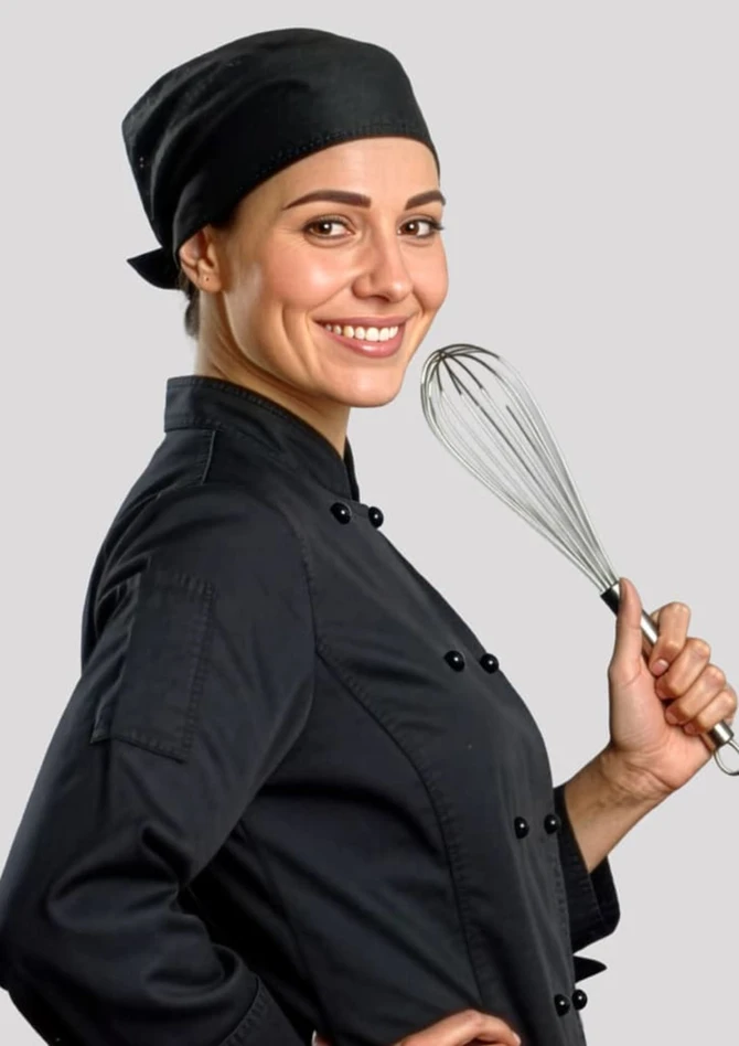 A chef in a black uniform and black bandana holds a whisk, smiling against a grey background.