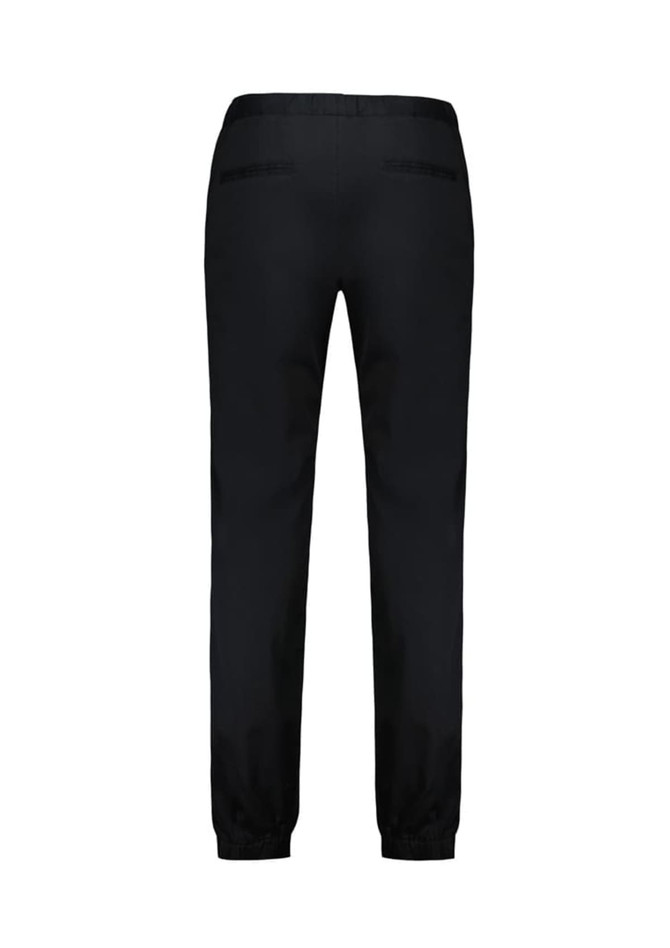 A pair of black jogger pants with elastic cuffs and back pockets, designed for chefs. Branding visible.