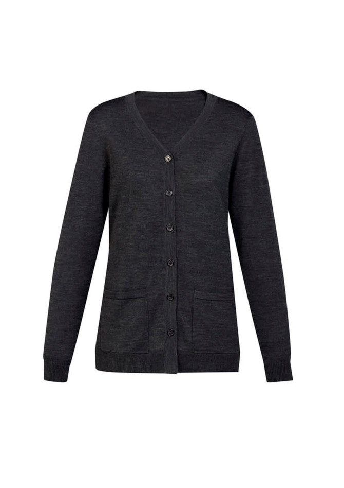 A dark grey women's button front knit cardigan featuring a v-neck and pockets.