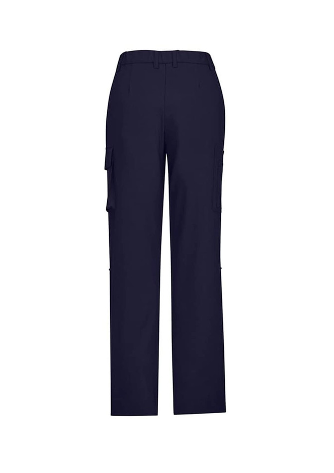 Navy women's cargo pants featuring a comfort waist and multiple pockets, with a logo on the back.
